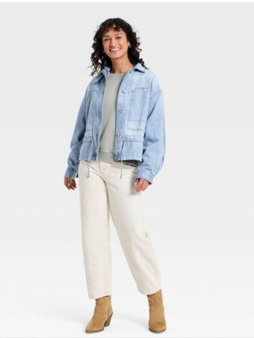 Universal Thread Light Wash Denim Drawstring Cinch Waist Stand Up Collar Jacket - Picture 3 of 6